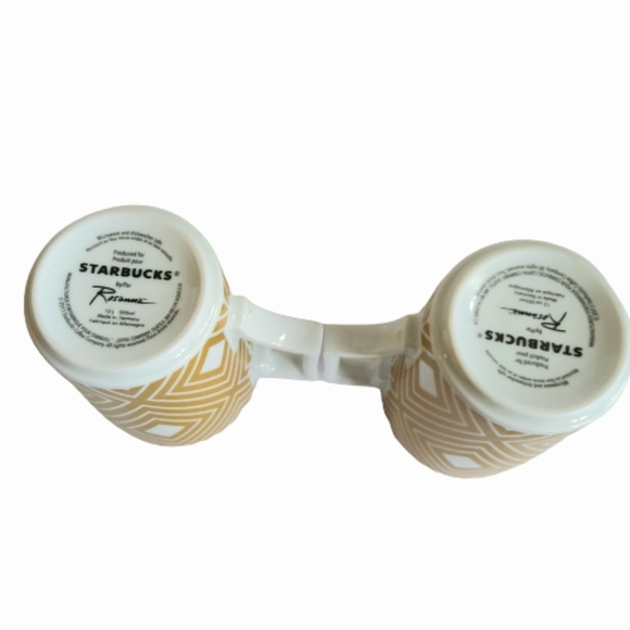 Pair Of Starbucks Coffee Tea Mugs, White And Gokd, Geometruc Pattern - Picture 5 of 9